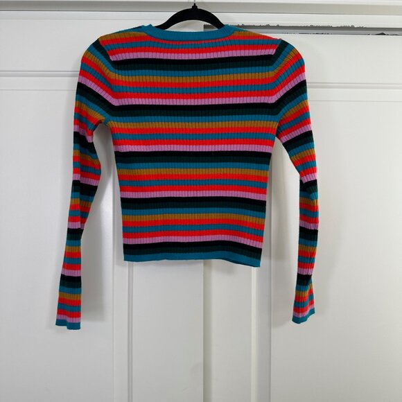 Multicolored Striped Ribbed Cropped Pullover Crewneck Long Sleeve - Medium - Picture 4 of 8